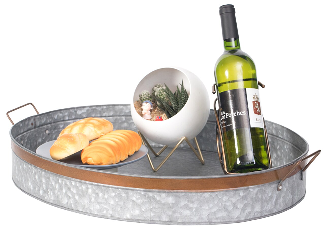 Galvanized Metal Oval Rustic Serving Tray With Handles